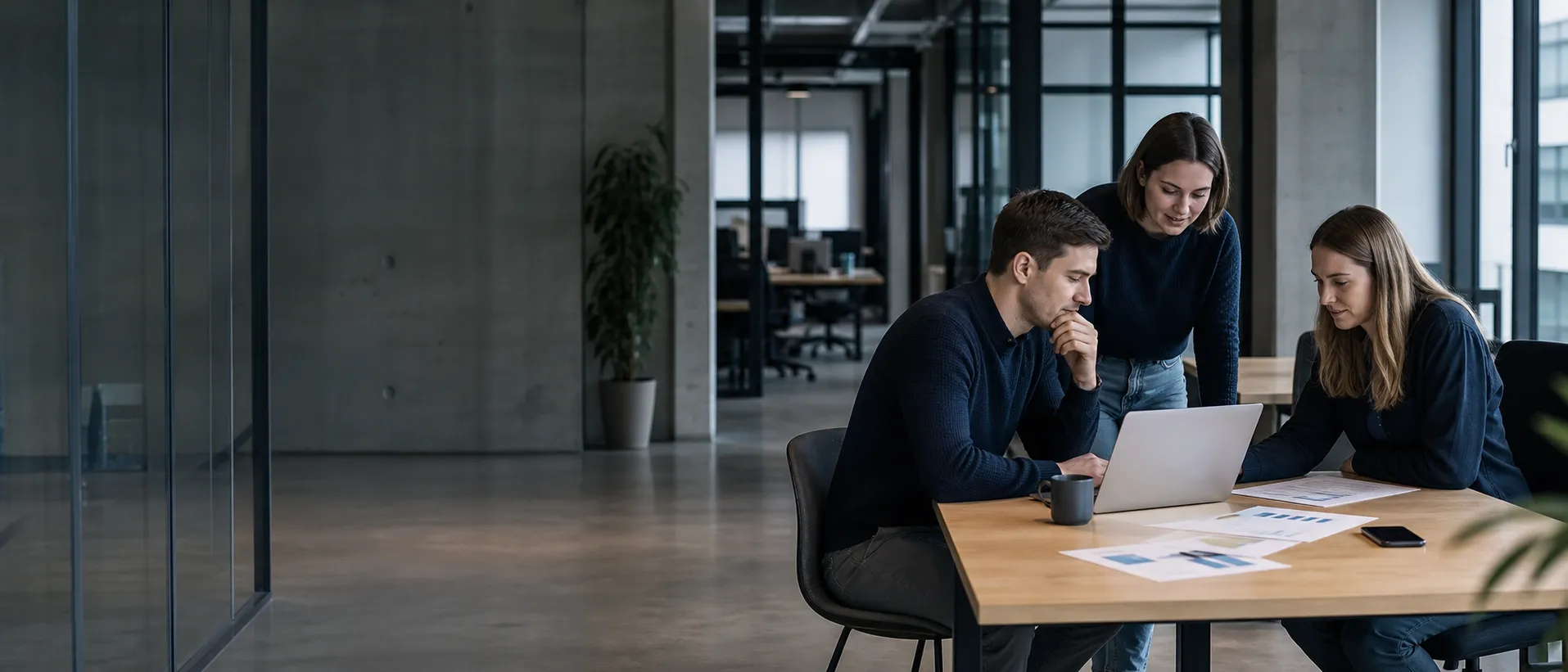 Software team reviewing an enterprise workflow in a modern office